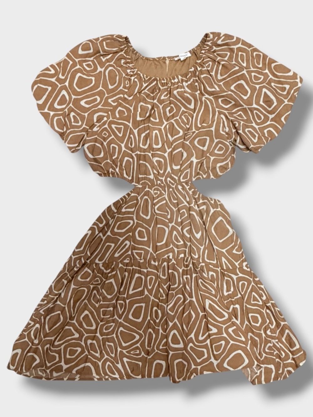 Boho Cutout Mini Dress Brown Abstract Print Puff Sleeve Festival L - Picture 2 of 16